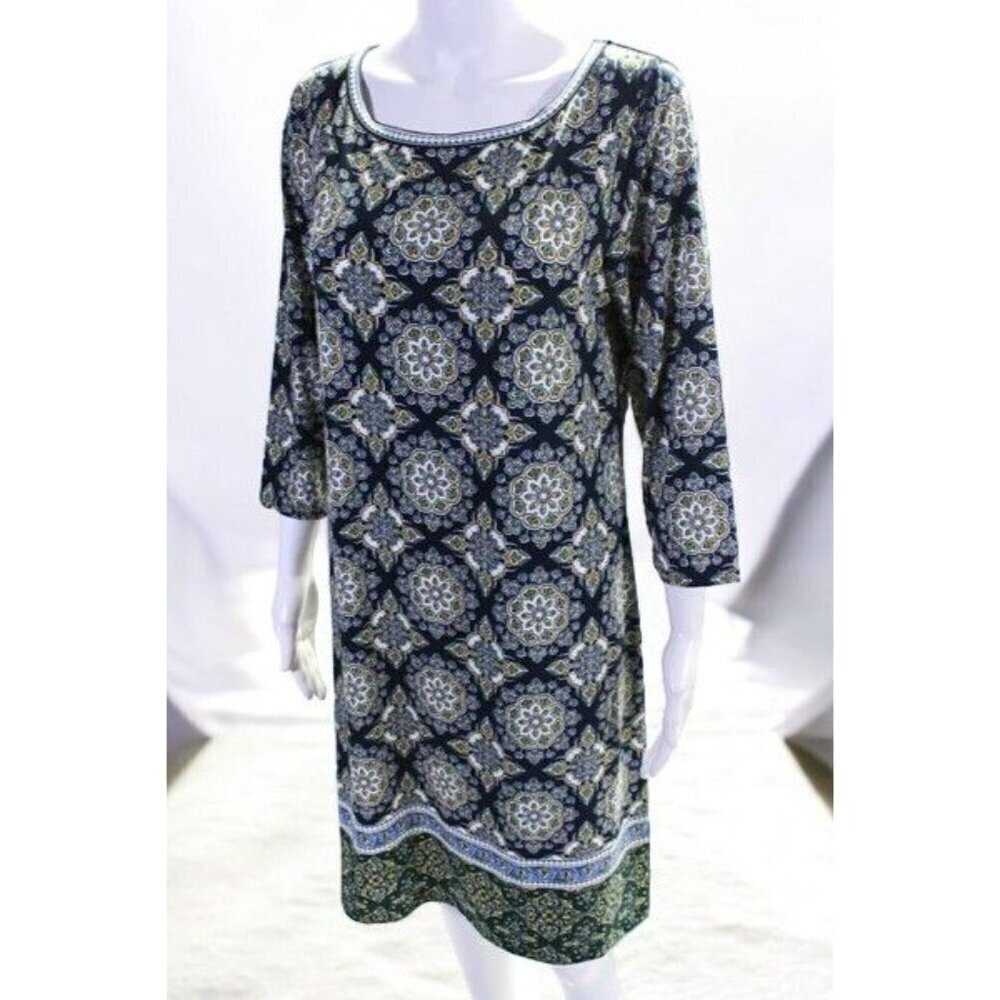 Max Studio Geometric Navy Quarter Sleeve Printed Mini Shift Dress NEW Large - Picture 3 of 8